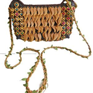 QH Crossbody Purse Black Brown Leaves HandBag OOAK Beaded Canvas NWT